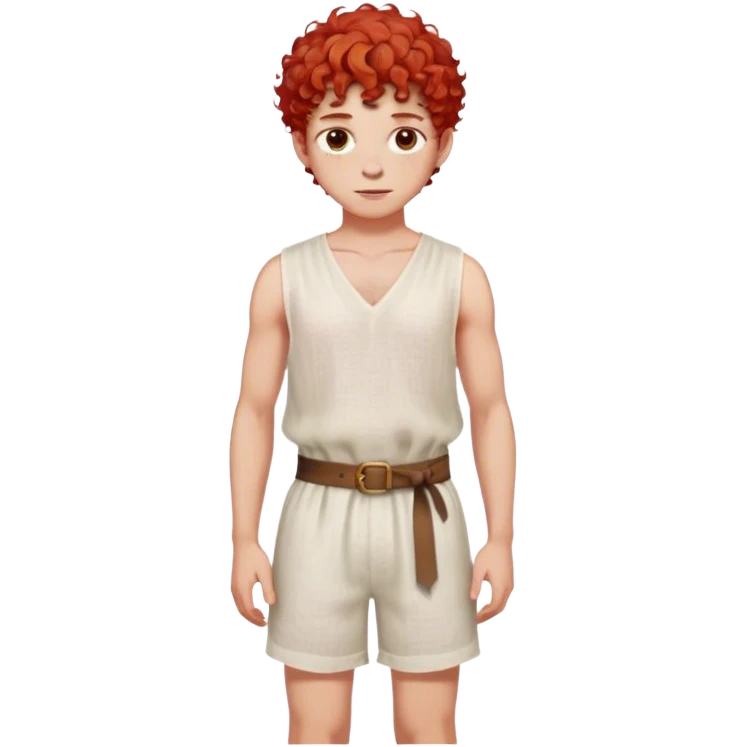 medieval summer outfit worn by a DnD themed fantasy male character. sheer sleeveless linen tunic with a simple neckline and a fabric belt. clothes only above the waist. The clothes full waist. The character's haven't arms. character is white-skinned, red hair, hazel eyes, short curly hair. emoji