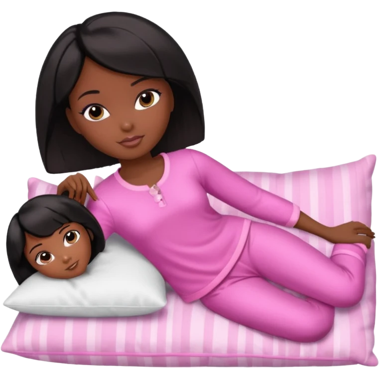 Dark skin Black barbie, short  black bob  hair, pink pajamas laying on pillow  emoji