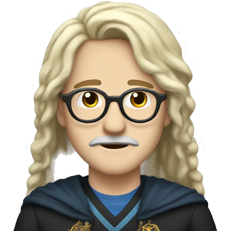 he has got white skin, he has got long black an straight hair, he has got a mustache, he has got glasses, he is from ravenclaw emoji