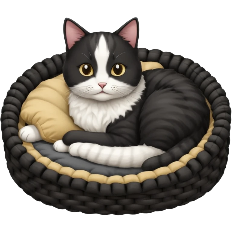 Back and white cat laying in a circle shaped cat bed emoji