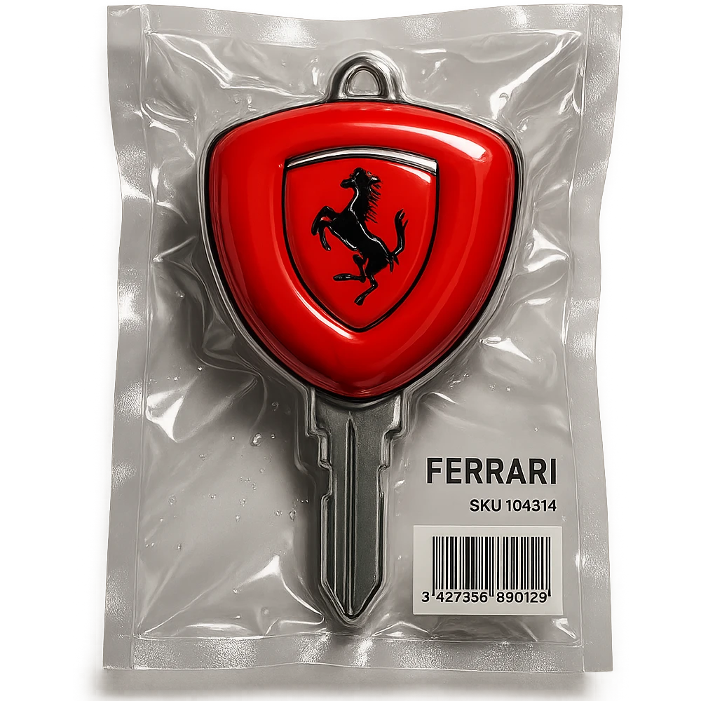 classic Ferrari key, red with silver trim, Ferrari prancing horse logo, shiny and inflated emoji
