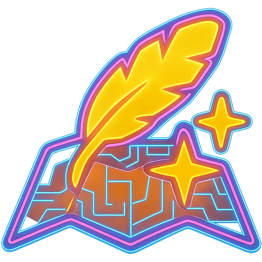 Transform the Wonderdraft map icon (feather, stars, and map) into a flat, cyberpunk style with extremely strong, intense neon glow. The feather and stars should be fully filled in with gold or yellow, and the map should be fully filled in with tan or brown—no transparency inside the shapes. Overlay glowing neon blue and pink circuit patterns and a strong holographic glow around the edges, but keep the main elements bold and opaque. The background outside the icon should be transparent. Avoid 3D shading and keep the style flat and futuristic. emoji