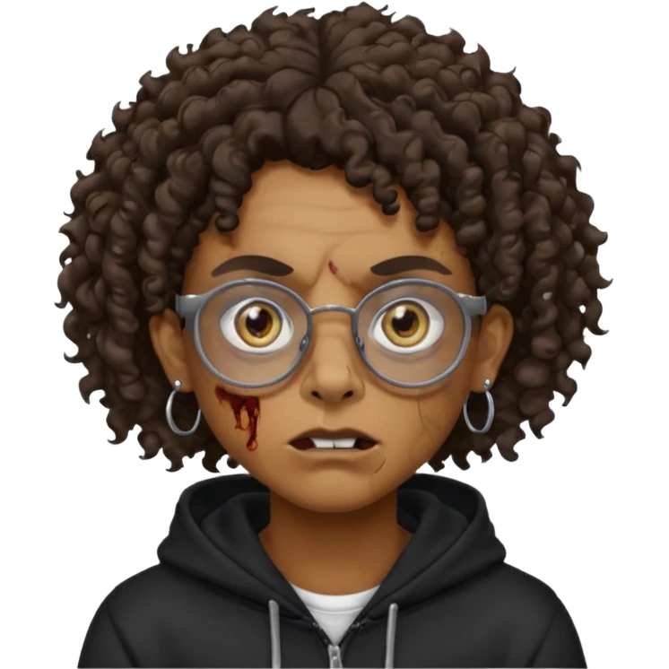 Chico moreno zombie, con gafas y sudadera negra, dos aretes en la oreja izquierda y dos en la derecha, ojeras en los ojos, pelo rizado emoji