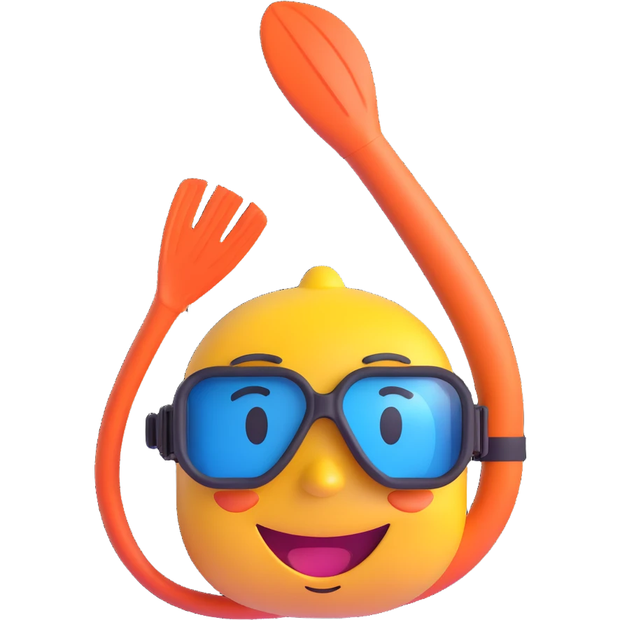 3D smiley emoji, round shape, wearing diving goggles and snorkel, sporty face, transparent background (diving) emoji