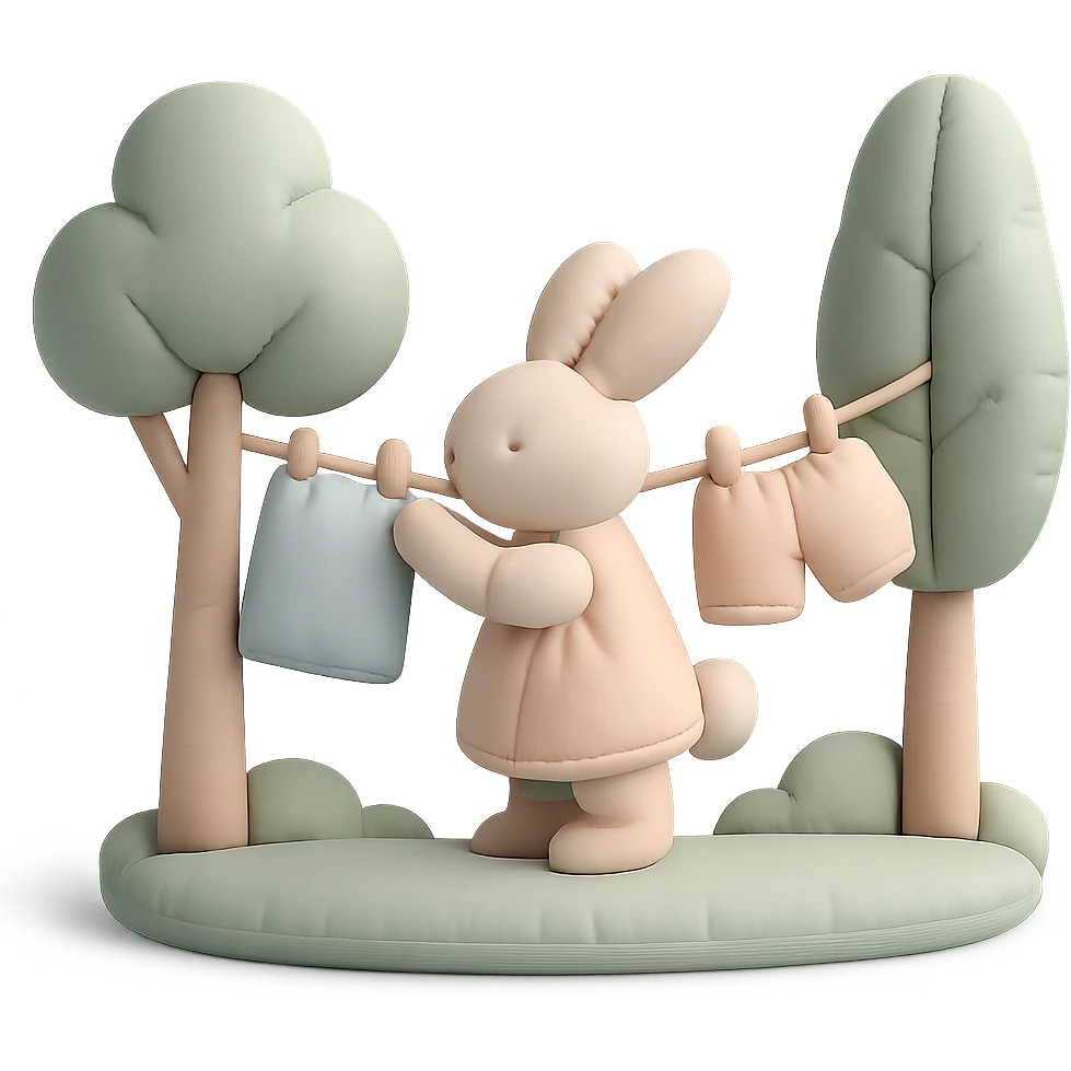 bunny hanging laundry between trees, calming domestic forest feel, soft pastel colors emoji