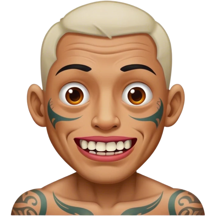 Guy with tattoos and no teeth shot in the face emoji