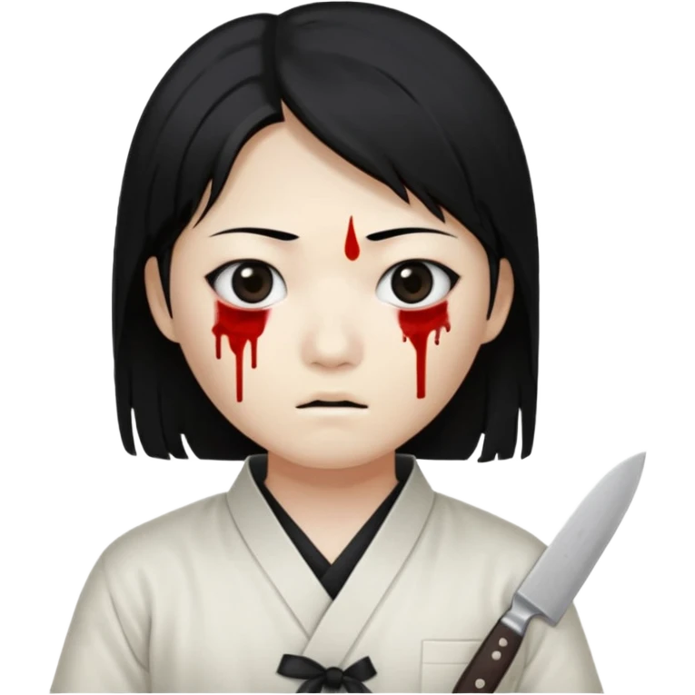 Korean murderer white skin with Asian eyes and holding kitchen knife with black straight hair with also one eye is blind covered with blood emoji