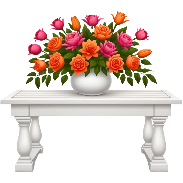 White benches with a romantic lush warm-colored flower vase on top of table emoji
