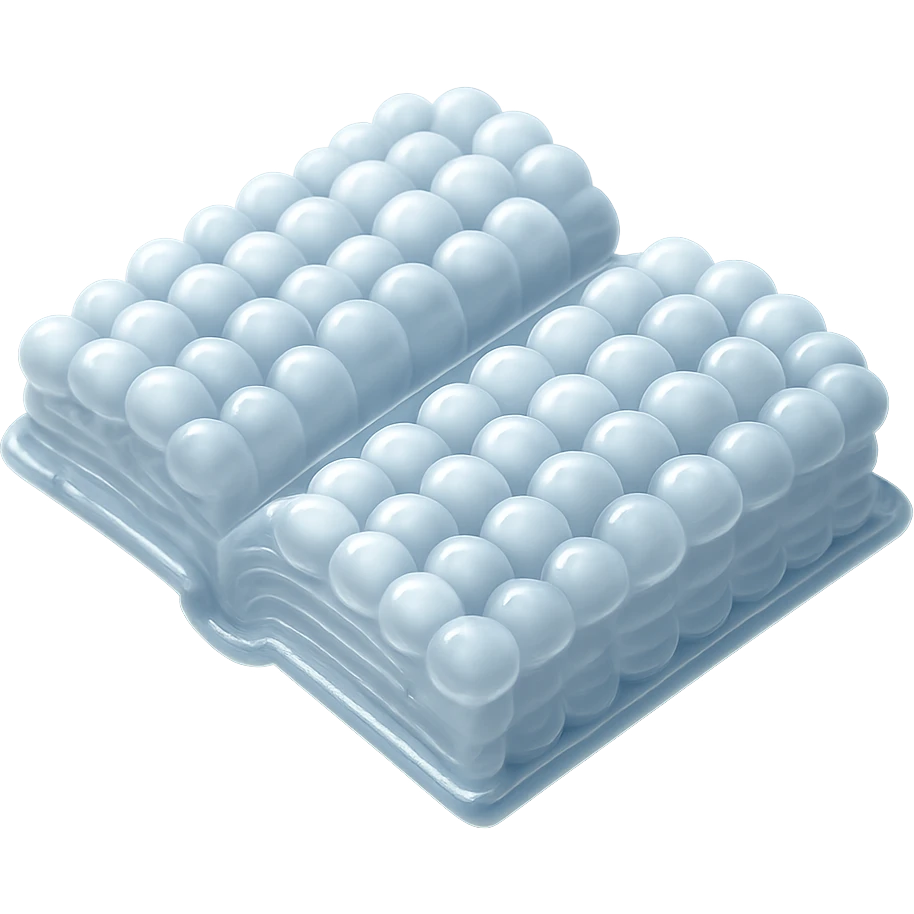 top view of a thick open book made entirely of small, very bright white fluffy convex clouds, matte glass style emoji