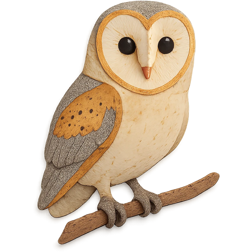 close-up of a barn owl perched on a branch, fine paper edges, heart-shaped facial disk, soft feather patterns emoji