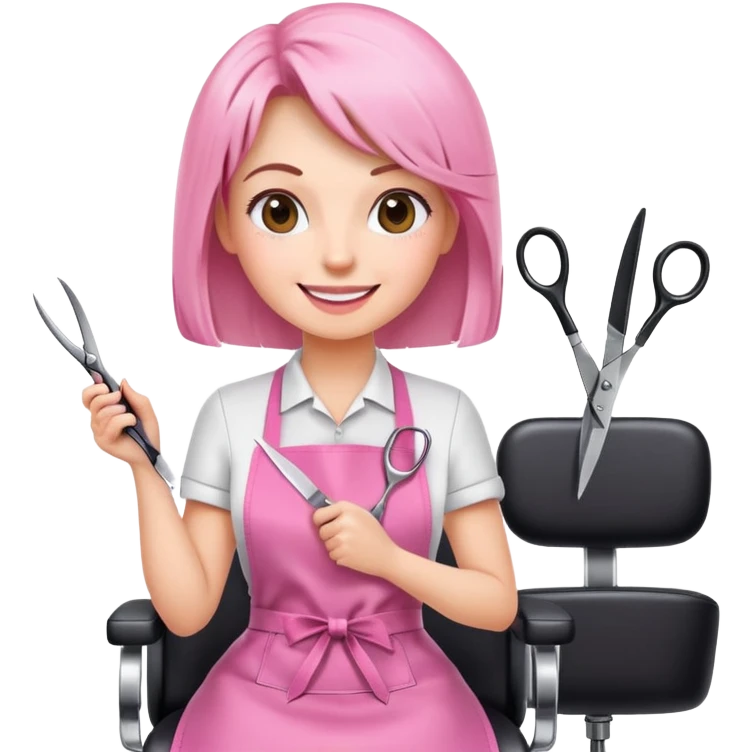 happy woman client in pink apron sitting in salon chair, female hairstylist smiling behind her with scissors emoji