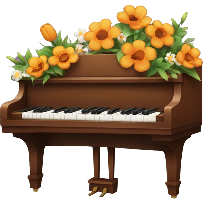 a brown piano with flowers on it on fire emoji