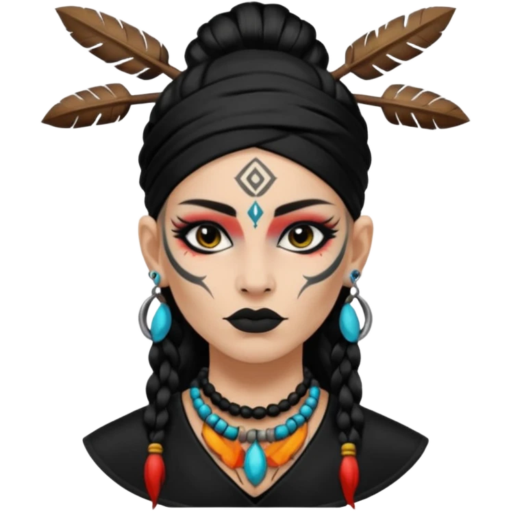 white shaman woman black clothes black accesories face tattoos emoji