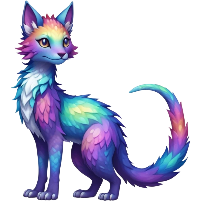 Kawaii dark rainbow iridescent fantasy ethereal feline-vernid-sergal-fursona animal creature with a tufted tail full body with intricate markings emoji