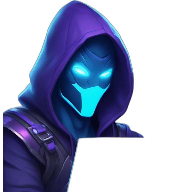 developer behind his laptop with the style of Riot Games Valorant neon blue eyes glowing bright blue Video game character blue purple hooded assassin themed character shrouded wraith emoji