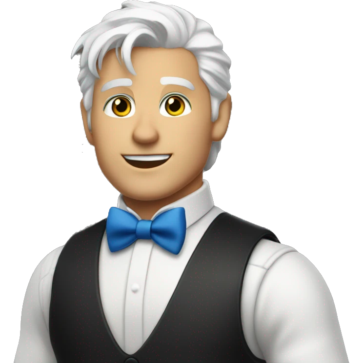 Handsome bartender with white hair and blue eyes. White shirt with black vest and a red bowtie emoji