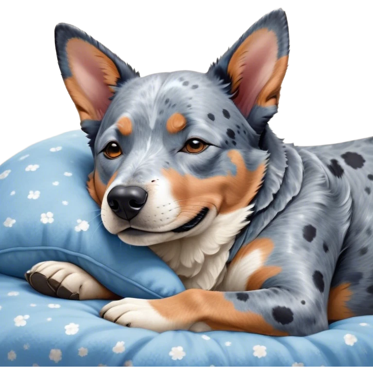 Meme-Worthy Cute Sleeping Blue Speckle Australian Cattle Dog Portrait Emoji, Head resting peacefully with a contented smile, showcasing a robust build and a luxuriously soft blue speckle Fur, eyes shut in a serene nap, Simplified yet hilariously adorable features, highly detailed, glowing with a soft, drowsy light, high shine, relaxed and utterly lovable, stylized with an air of playful laziness, bright and heartwarming, soft glowing outline, capturing the essence of a comically sleepy herder, so meme-worthy it feels like it could instantly become the next viral sensation of adorable slumber! emoji