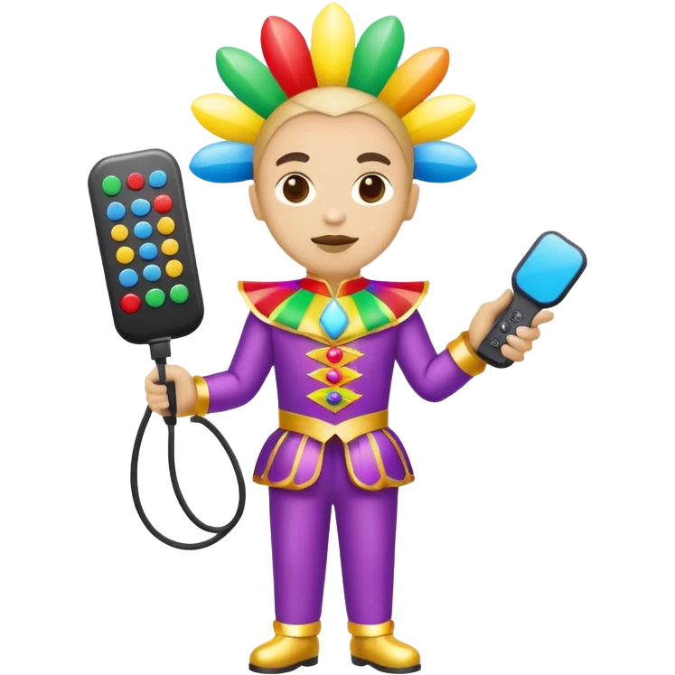 Uma pessoa com um controle remoto na mão e vestida de fantasia de carnaval emoji