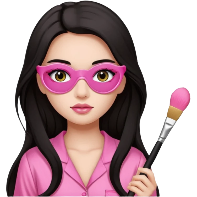 Dark long hair girl wearing pink victorias secret sleepwear is holding a makeup brush she also has eye patches white emoji