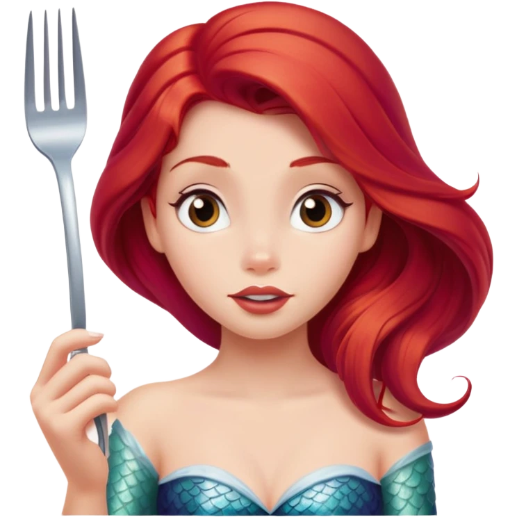 Disney Ariel mermaid with red hair holding a fork, curious expression emoji