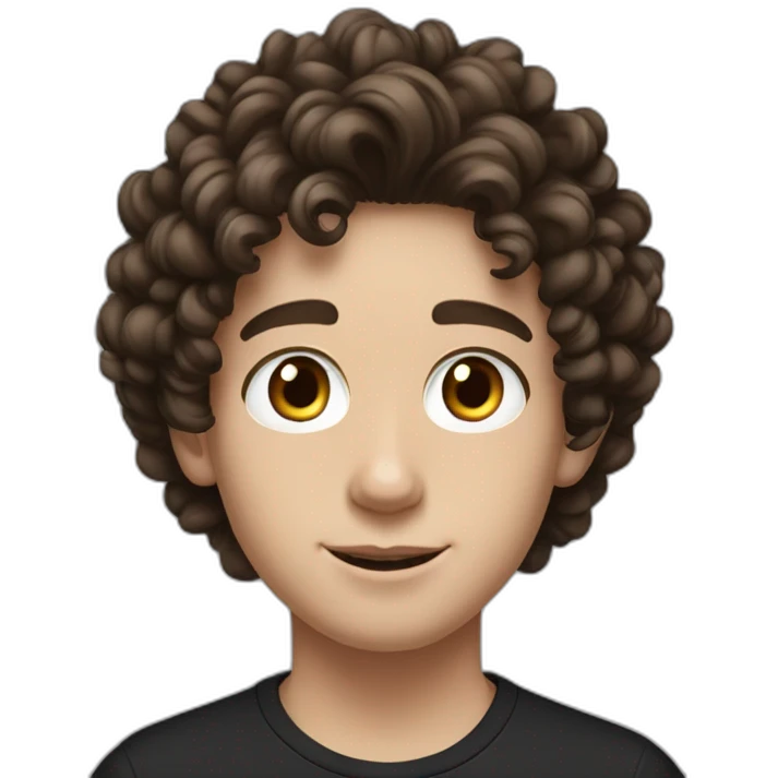 a white teenager boy with big brown eyes and middle partedlong coiled curly brown hair, wearing a black t-shirt with white airpods emoji