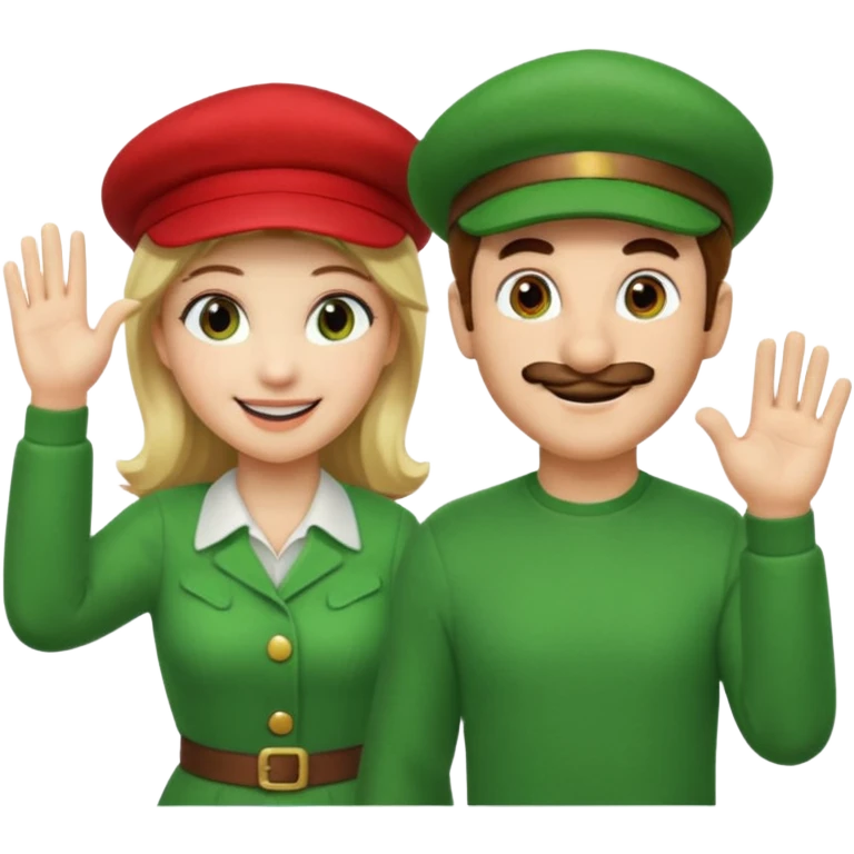 blonde female Luigi (with the Luigi green hat) and a normal brown hair male Mario with the red hat. They are friends! Maybe highfiving or just smiling emoji