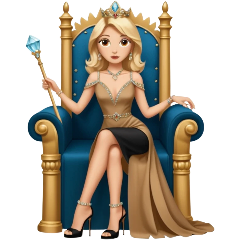 Lilith symbol light brown eyes. Woman of justice and power. Shoulder  length blonde haired  woman with Gucci, and designer bags next to her. Wearing long elegant dress with slit, sitting on a throne and diamonds everywhere around her. Black Platform high heels on feet. designer bags around her.  emoji