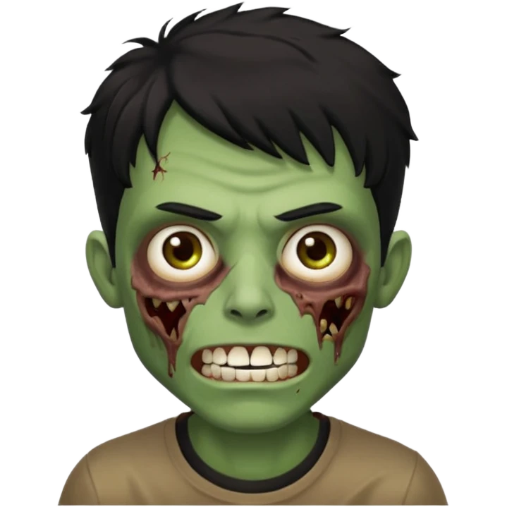 zombi emoji man with a fringe wavy medium black hair, mouth with a white teeth, nose, eyes brown, brown eyebrow, green skin, black shirt emoji