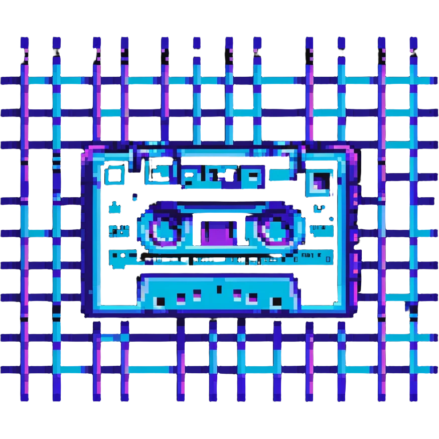 cassette tape with purple and blue neon colors and retro grid background emoji