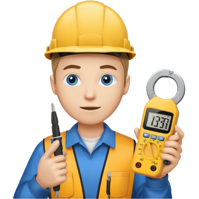 La tercera imagen pero ojos azules, y que lleve en manos una pinza amperimetrica emoji