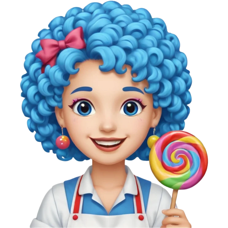 candy shop vendor, looking like candy with candy earrings and candy hair with big smile and blue curly hair emoji