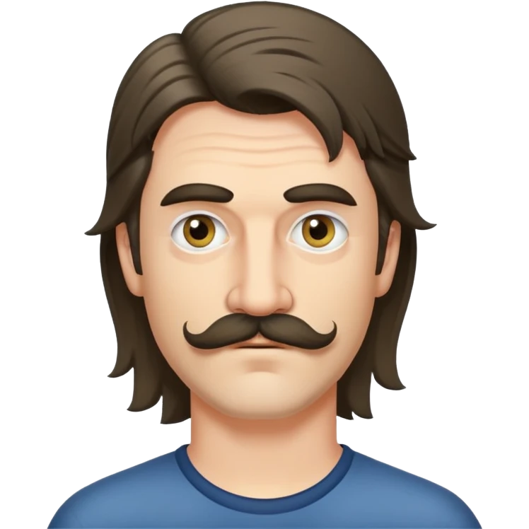 ugly white man. Eyes different sizes. unkept mustache and short hair. long hair in back. mullet. emoji