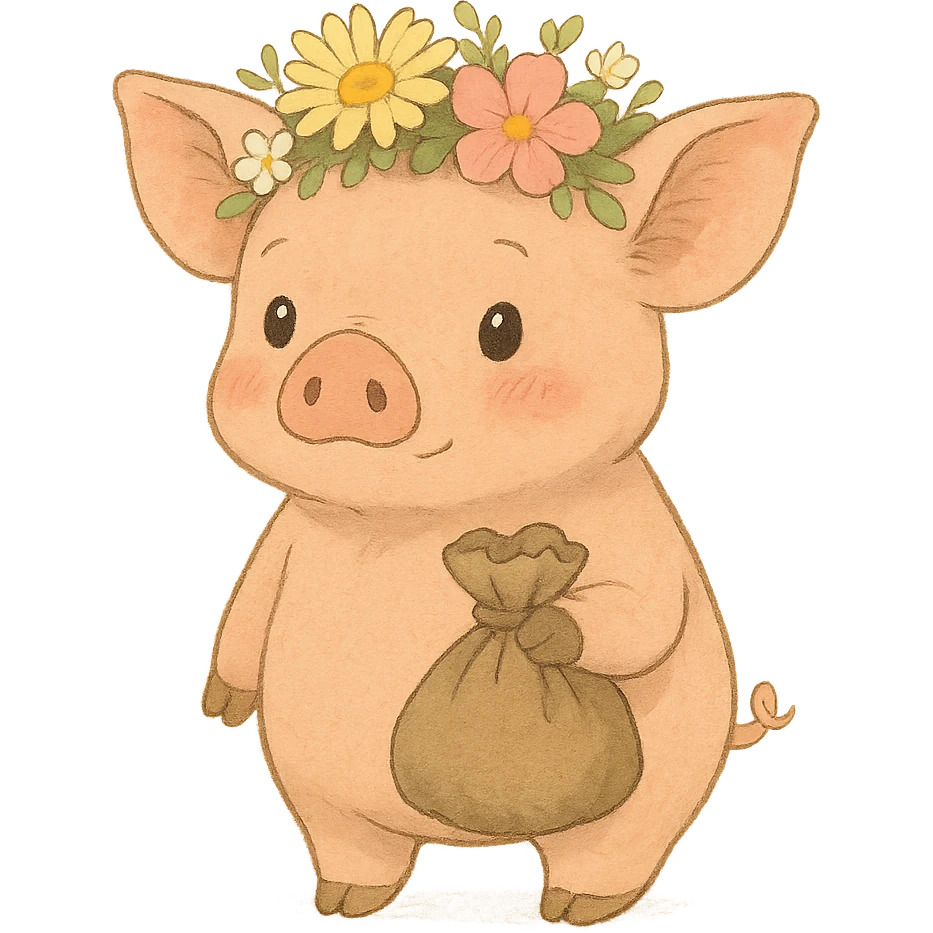 piglet with flower crown and gift bag, soft ghibli style emoji