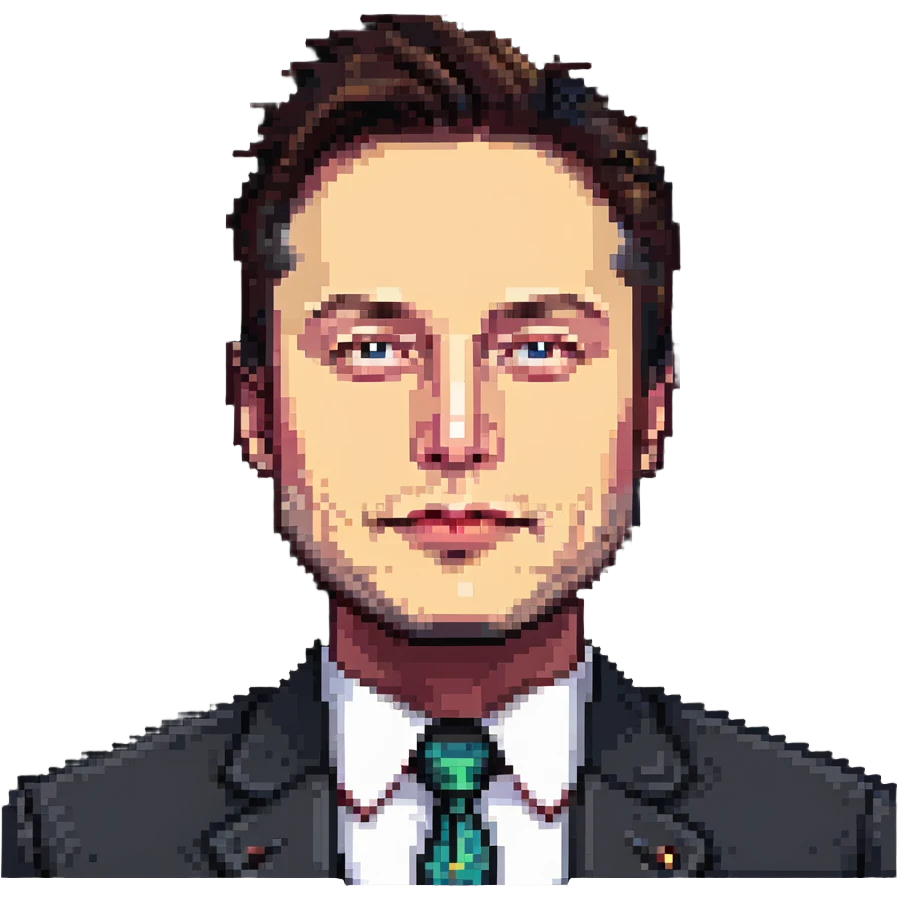 Elon Musk, simplified facial features, iconic hairstyle, business attire, pixelated look emoji