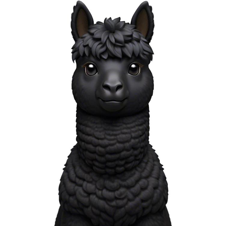 Cinematic Noble Black Alpaca Portrait Emoji, Poised and regal, with a striking, sturdy build and a sleek, well-groomed jet-black fleece, deep-set soulful dark eyes, Simplified yet sharp and sophisticated features, highly detailed, glowing with a soft, dignified glow, high shine, intelligent and mysterious, stylized with an air of elegant austerity, focused and attentive, soft glowing outline, capturing the essence of a watchful and confident companion, so majestic it feels as though it could stride out of the screen with effortless authority! emoji