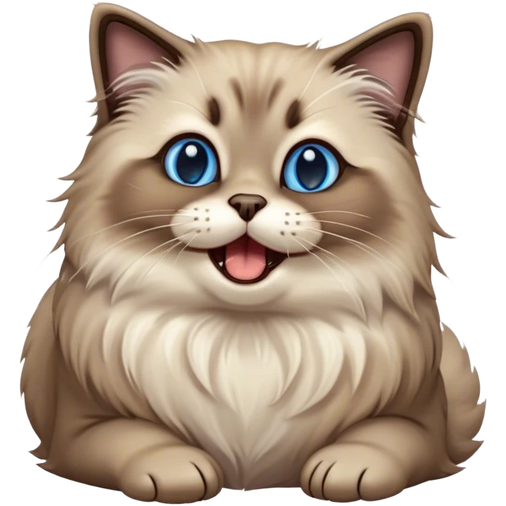 Cinematic Adorable Fluffy Brown Seal Ragdoll Cat Portrait Emoji, Head tilted cutely with big, sparkling blue eyes, soft brown seal-colored fur with darker points on the ears, face, and paws, Simplified yet irresistibly adorable features, highly detailed, glowing with a soft, warm glow, high shine, yawning in a peaceful and playful manner, stylized with a touch of whimsy, bright and endearing, soft glowing outline, capturing the essence of a relaxed and loving kitten, so cute it feels like it could leap out of the screen and stretch into a cozy nap! emoji