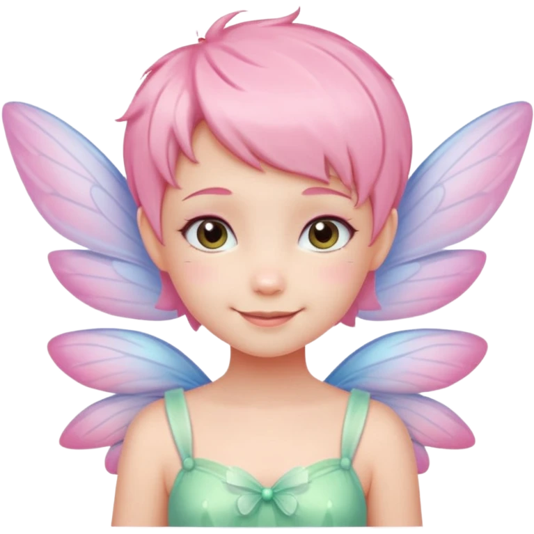 A tiny pastel fairy with pink short hair with glowing wings and a sweet smile  emoji
