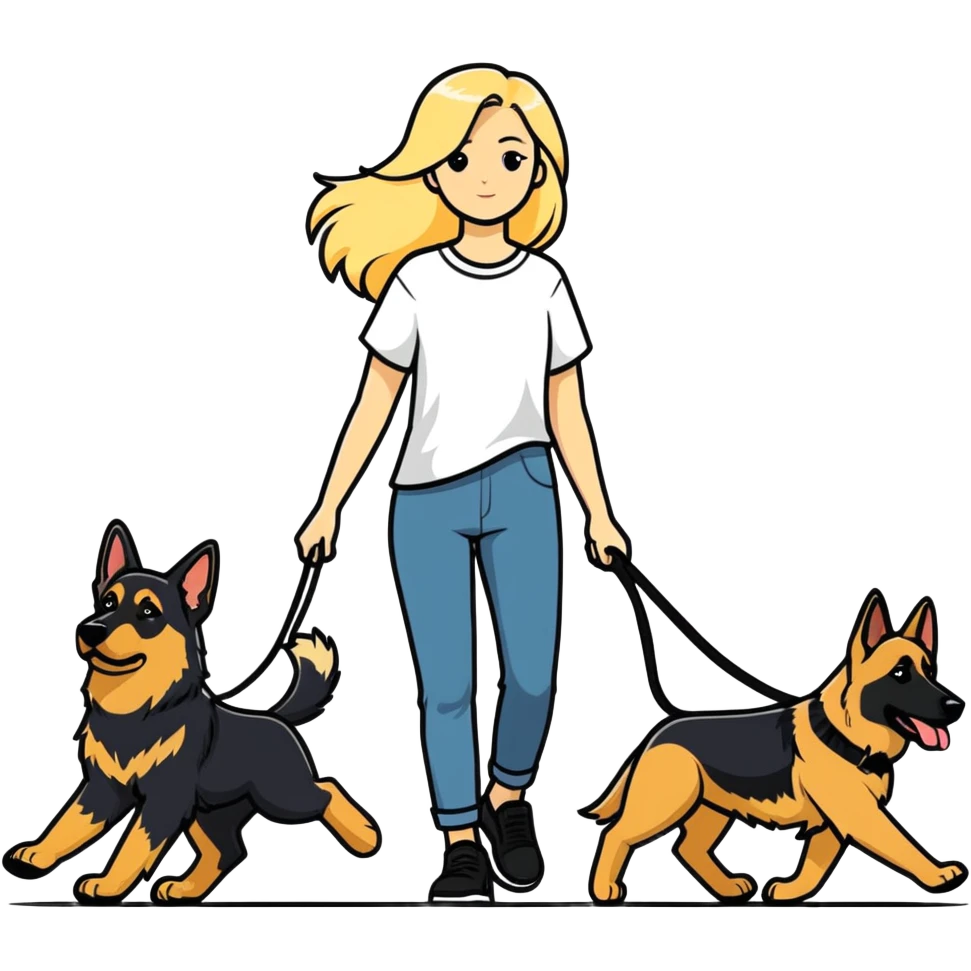 Blonde girl with long hair walking a German Shepherd emoji
