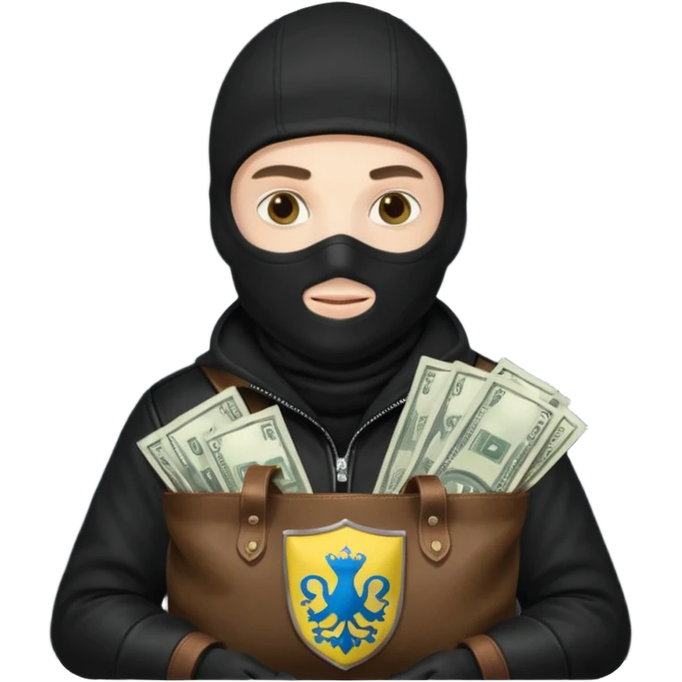 создай белого украинца в черное одежде и черной балаклаве с большим мешком денег с  гербом страны на нем  emoji