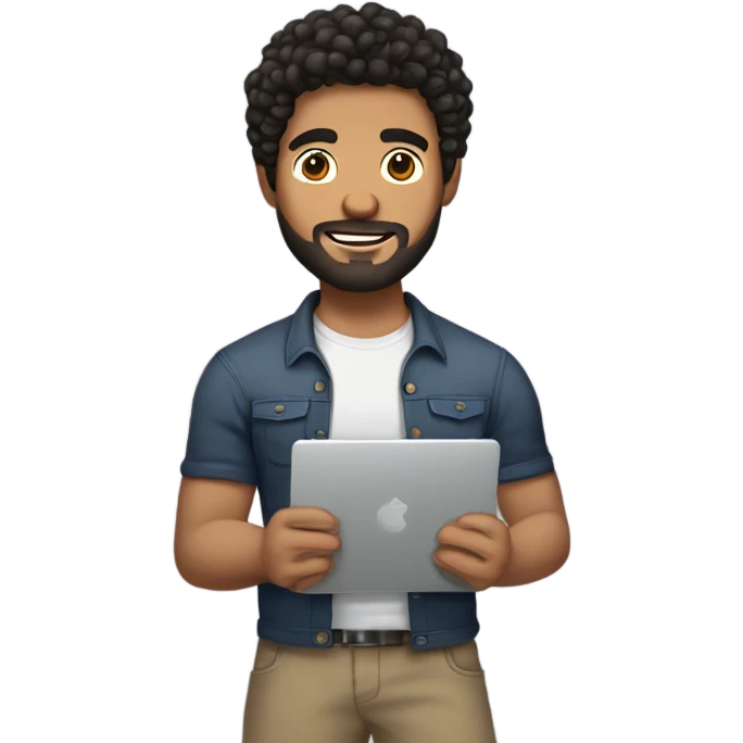 men holding his computer in hands. light brown skin men with curly black hair, dark brown eyes, little grown beard. little bit muscular. dressed casual. round face. emoji