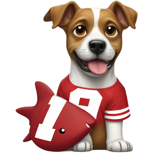 Dog with a shark fin wearing Nebraska Cornhusker jersey  emoji