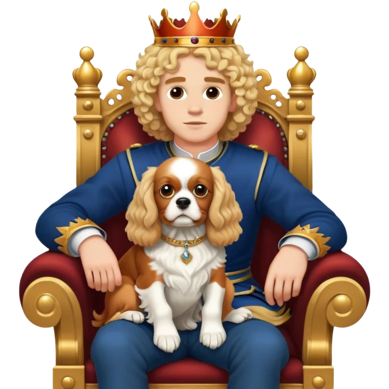 22 years old man blonde curly hair with a King Charles spaniel on his lap on a throne emoji