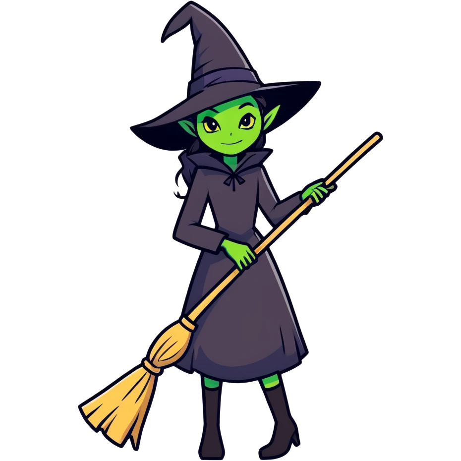 Elfaba from wicked holding a broom emoji