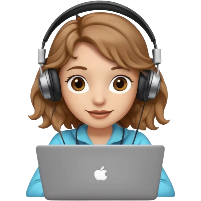 Women in front of laptop with a happy face, light brown wavy hair, light brown big eyes, light skin with a iced coffee on the side emoji