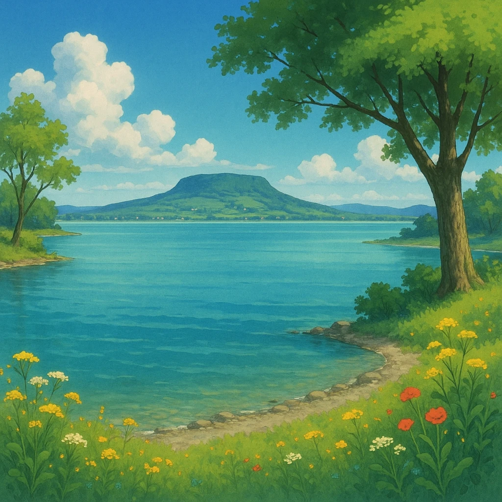 serene landscape of Lake Balaton in ghibli style emoji