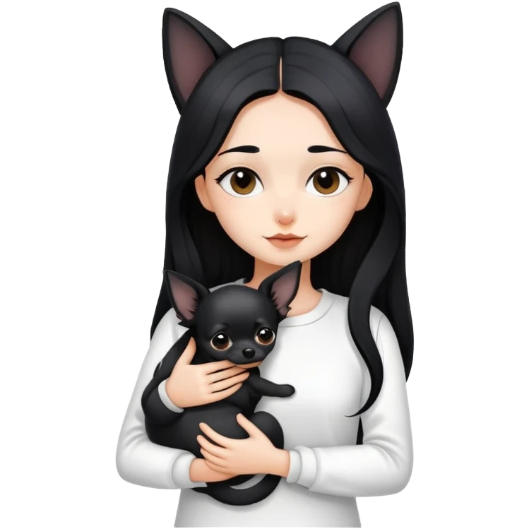 Fair skin girl - long black hair - white clothes - hugging a black chihuahua emoji