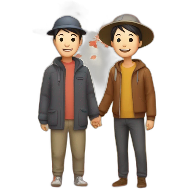 Happy skinny Chinese parents with caps. Standing in a park in front of an red autumn tree emoji