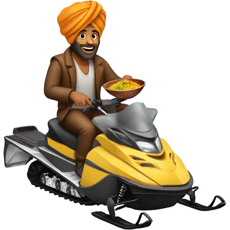 Brown man snowmobiling with the worlds tallest turban eating curry emoji