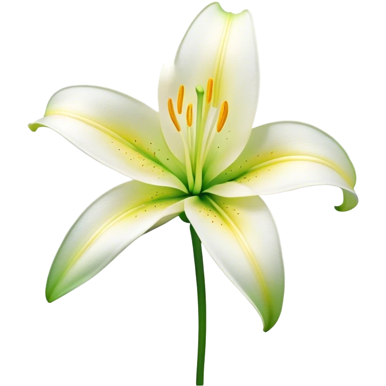 Cinematic Realistic Lily Emoji, Elegant and fragrant, with soft, white petals curling delicately around a golden-yellow stamen at its center. The long, slender green stem stands tall, supporting the vibrant bloom with its slightly curled tips. Soft glowing outline, capturing the essence of purity, elegance, and grace in a striking lily. emoji