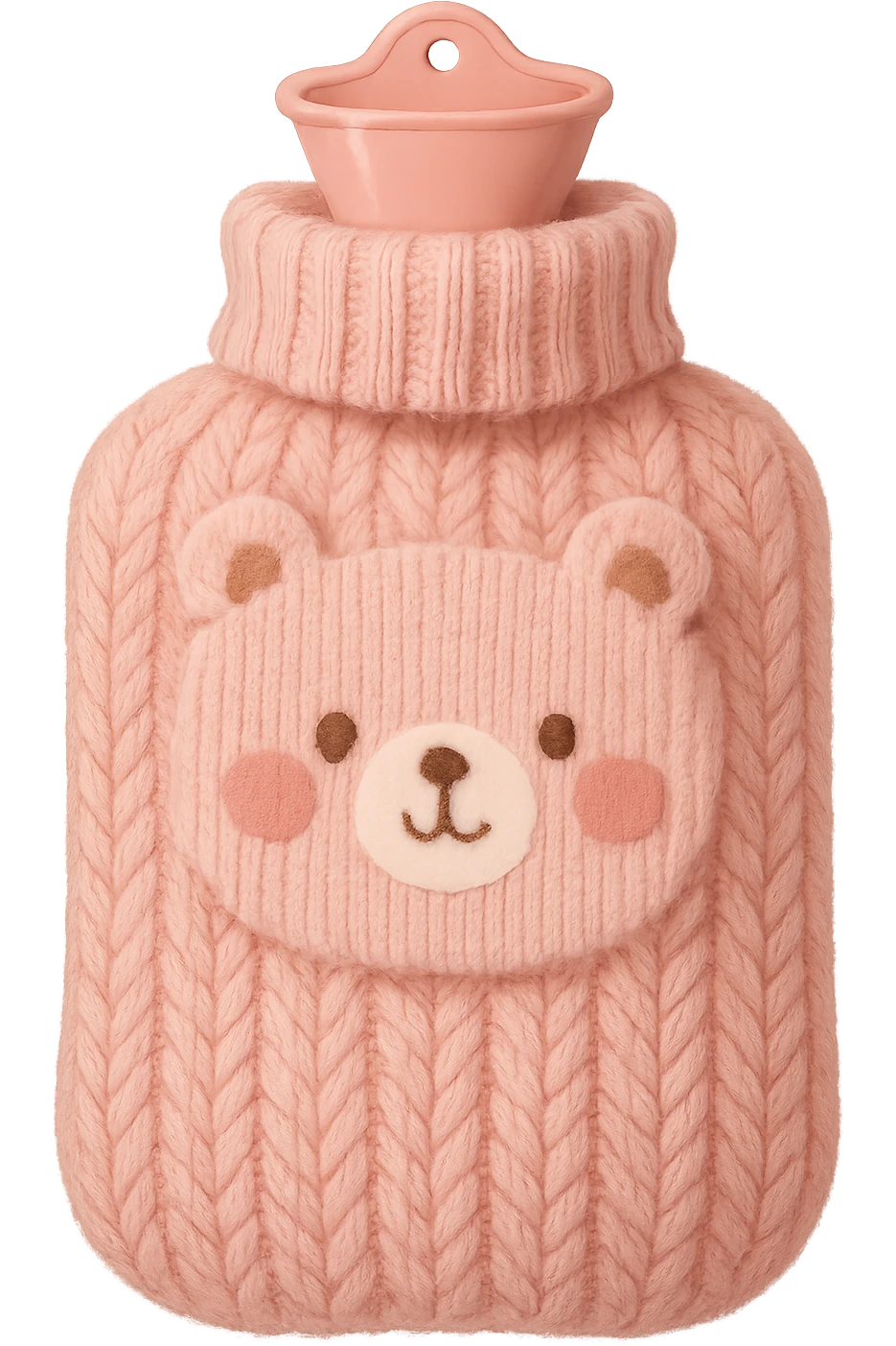pink hot water bottle with a knitted cover, cute emoji